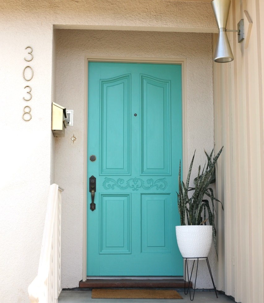 mid century front door porch turquoise bright blue aqua bullet planter cone light vintage mailbox