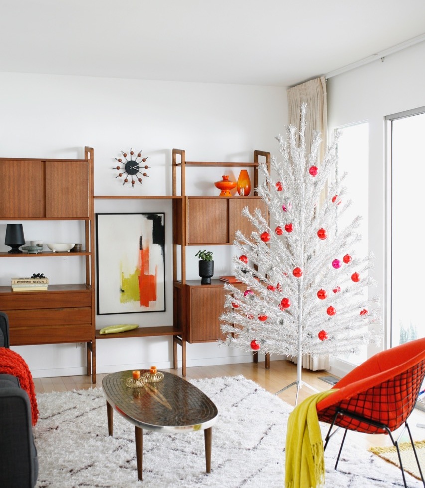 mid century aluminum christmas tree family living room red ornaments danish modern vintage retro