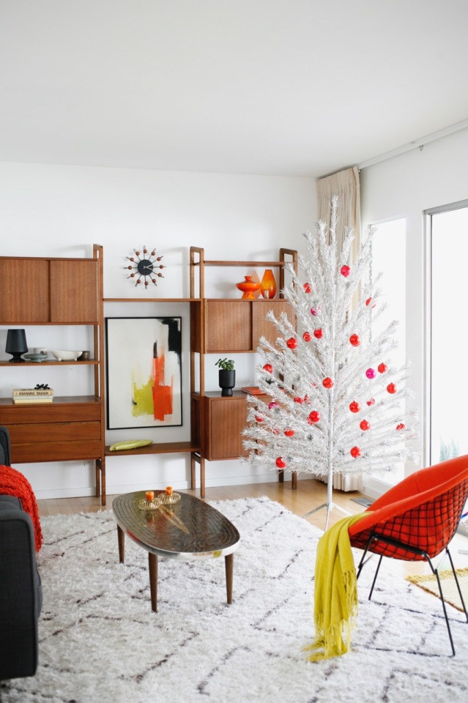 mid century aluminum christmas tree family living room red ornaments danish modern vintage retro 
