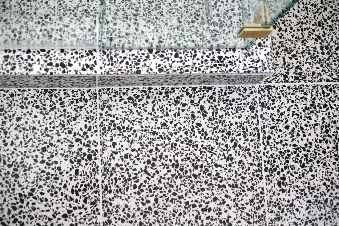 Terrazzo tile floor bathroom shower mid century modern ivy hill curb